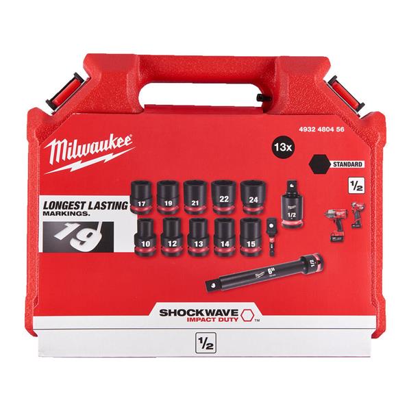 Red Milwaukee Shockwave 1/2-inch 13-piece hex socket set case with socket size images and branding.