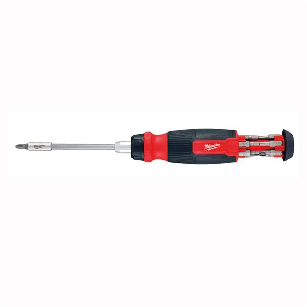 Milwaukee 14 in 1 ratchet multi-bit screwdriver with red and black handle and bits stored in the handle end