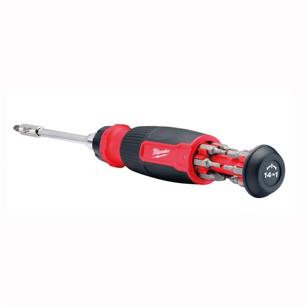 Milwaukee 14 in 1 ratchet multi-bit screwdriver with red and black handle and bits stored in the end cap.