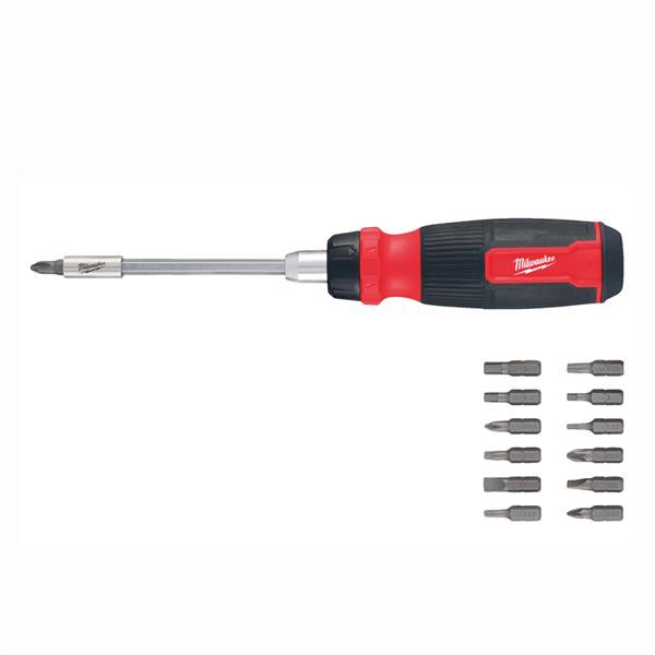 Milwaukee 14 in 1 ratchet multi-bit screwdriver with black and red handle and 12 interchangeable bits displayed next to it.