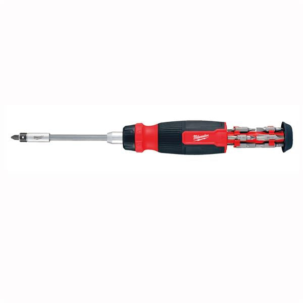 Milwaukee 27 in 1 ratchet multi-bit screwdriver with red and black handle and bits stored in the handle end