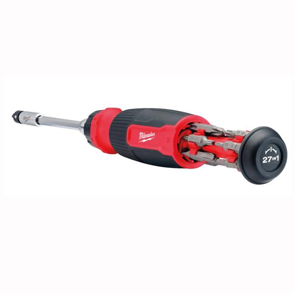 Milwaukee 27 in 1 ratchet multi-bit screwdriver with bits stored in the handle, angled view.