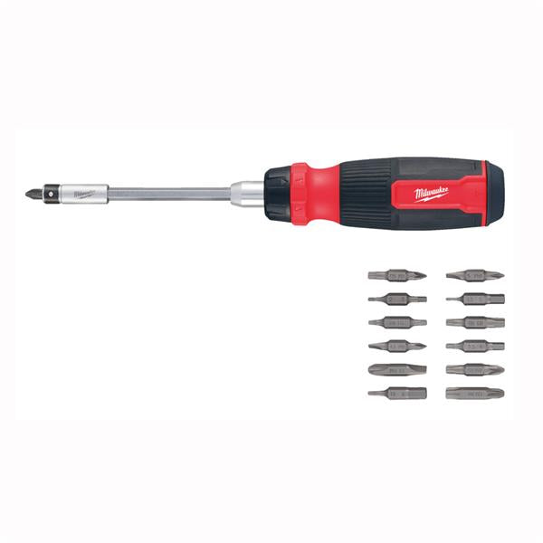 Milwaukee 27 in 1 ratchet screwdriver with black and red handle and 12 interchangeable bits on white background