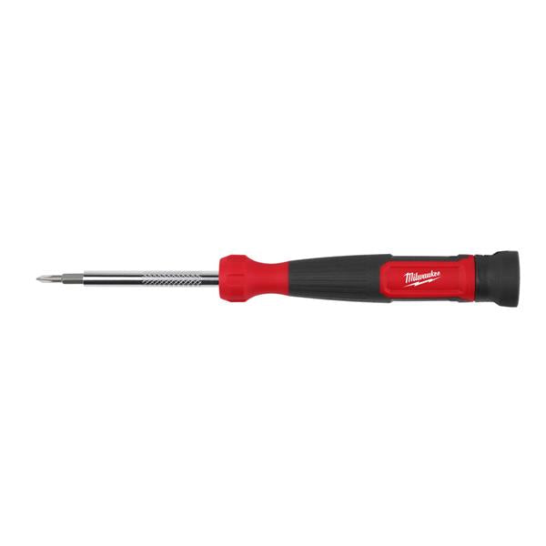 Milwaukee 4 in 1 Precision Multi-Bit Screwdriver with red and black handle and extended metal shaft with bit inserted