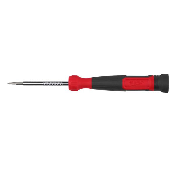 Milwaukee 4 in 1 Precision Multi-Bit Screwdriver with red and black handle and extended metal shaft on white background