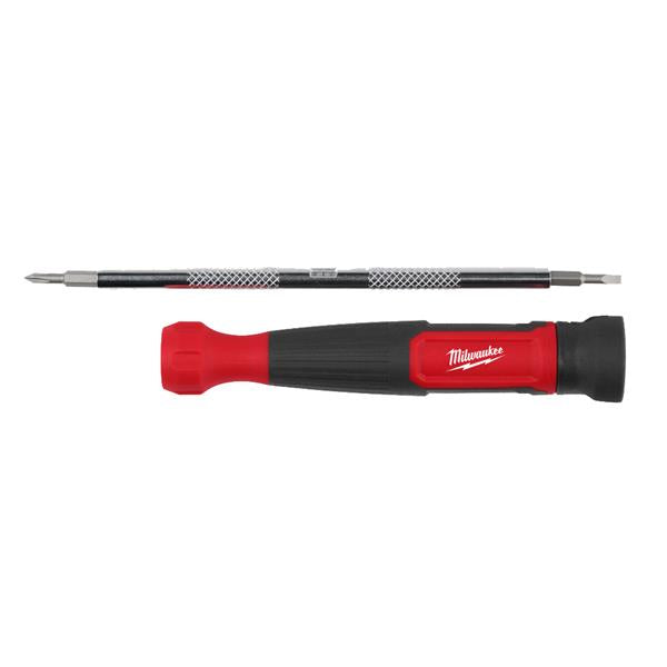 Milwaukee 4 in 1 Precision Multi-Bit Screwdriver with black and red handle and dual-ended bit shown separately.