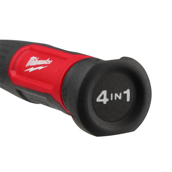 Close-up of Milwaukee 4 in 1 Precision Multi-Bit Screwdriver handle with logo and 4 in 1 label on end cap.
