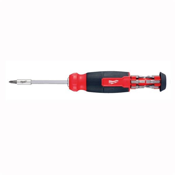 Milwaukee 14 in 1 multi-bit screwdriver with red and black handle and bits stored in the handle end.