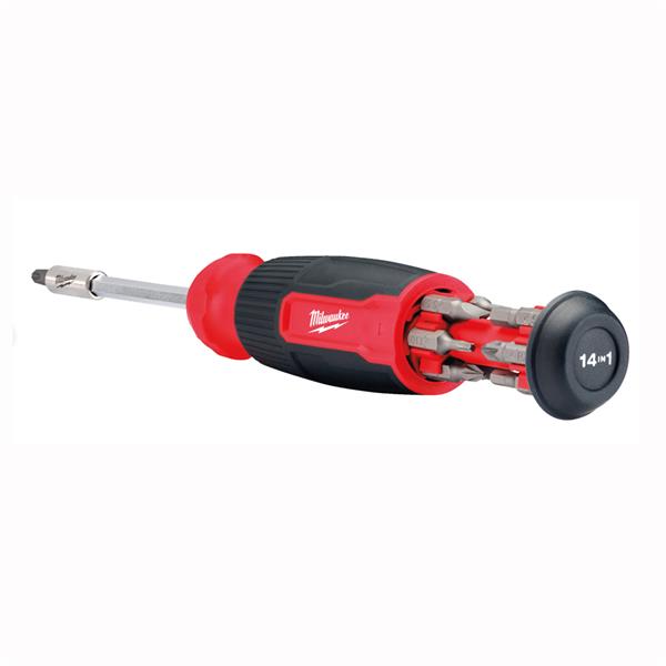 Milwaukee 14 in 1 multi-bit screwdriver with black and red handle and bits stored in the handle end.