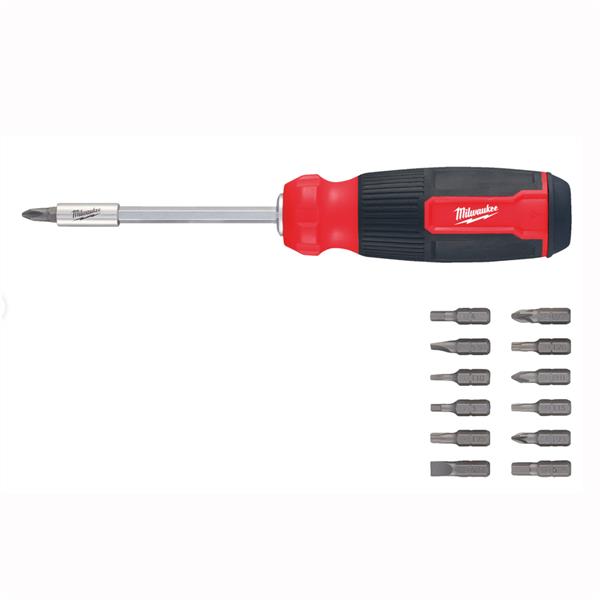 Milwaukee 14 in 1 multi-bit screwdriver with red and black handle and 10 interchangeable bits displayed beside it.