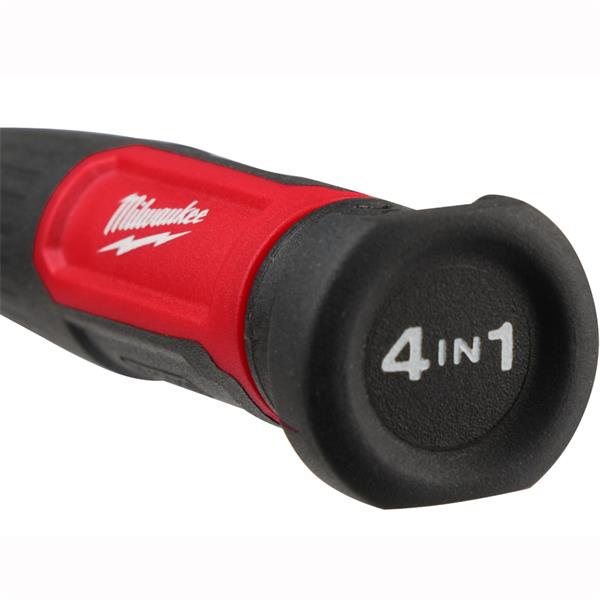 Close-up of Milwaukee 14 in 1 Multi-Bit Screwdriver handle showing red grip and "4 IN 1" label on end cap.