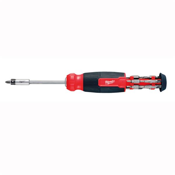 Milwaukee 27 in 1 multi-bit screwdriver with red and black handle and bits stored in the handle end.