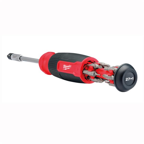 Milwaukee 27 in 1 multi-bit screwdriver with bits stored in the handle and black-red grip.