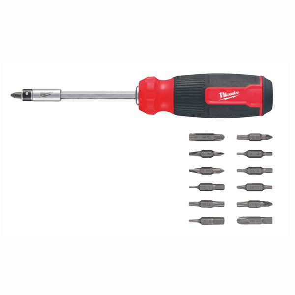 Milwaukee 27 in 1 multi-bit screwdriver with black and red handle and 12 interchangeable bits displayed beside it.