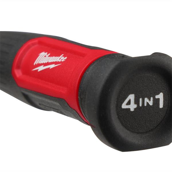 Close-up of Milwaukee 27 in 1 Multi-Bit Screwdriver handle showing red grip and "4 in 1" label.