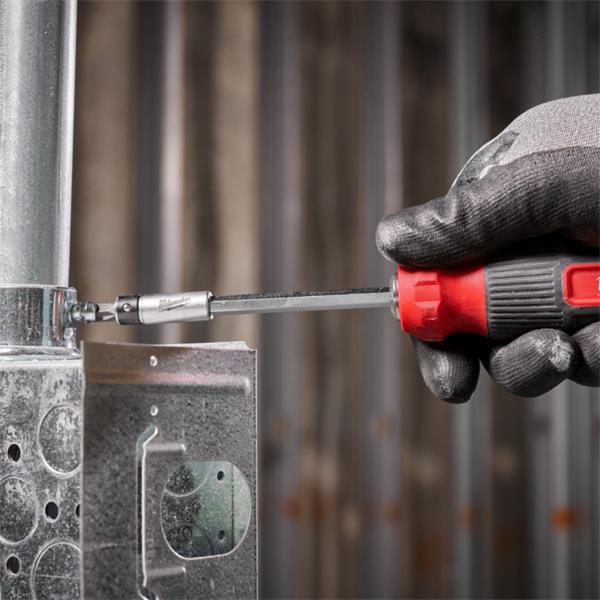 Hand wearing glove using Milwaukee 27 in 1 Multi-Bit Screwdriver to tighten metal conduit connection