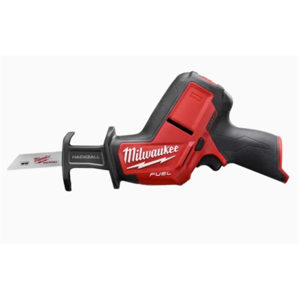Milwaukee M12CHZ-0 12V FUEL Hackzall cordless reciprocating saw in red and black, side view.