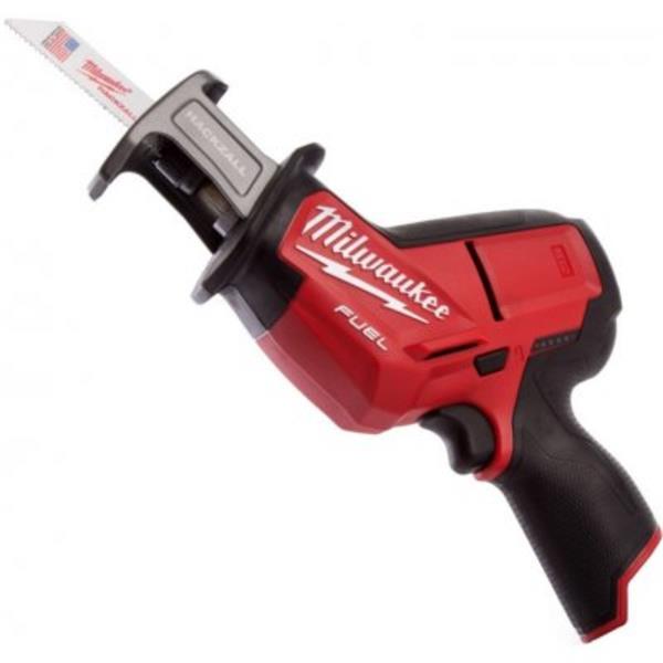 Milwaukee M12CHZ-0 12V FUEL Hackzall cordless reciprocating saw with red and black body and blade attached