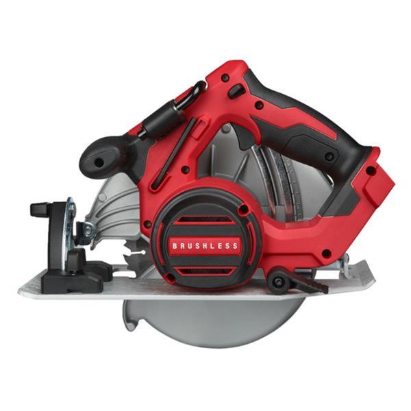 Milwaukee M18BLCS66-0 red and black brushless 190mm circular saw side view without battery.