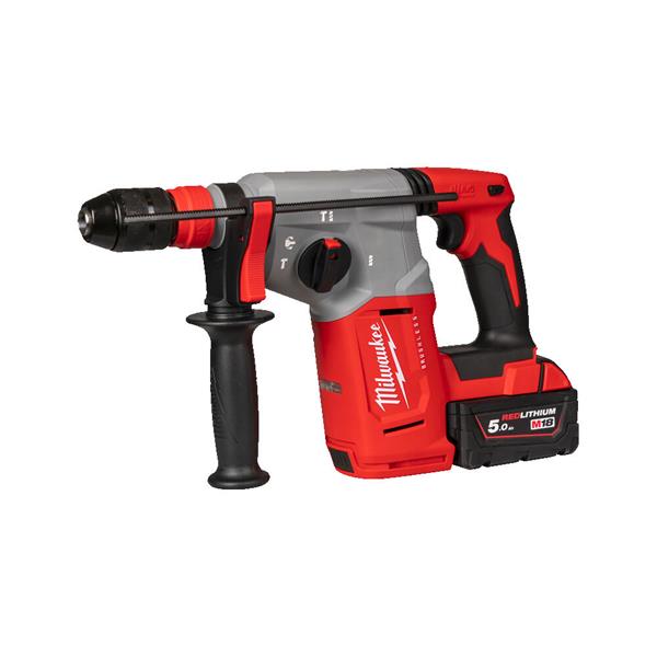Milwaukee M18BLHX-0 brushless SDS+ hammer drill with side handle and 5.0 Ah battery attached