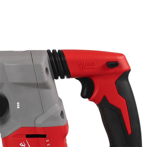 Close-up of the red and black handle with AVS vibration control on Milwaukee M18BLHX-0 SDS+ hammer drill.