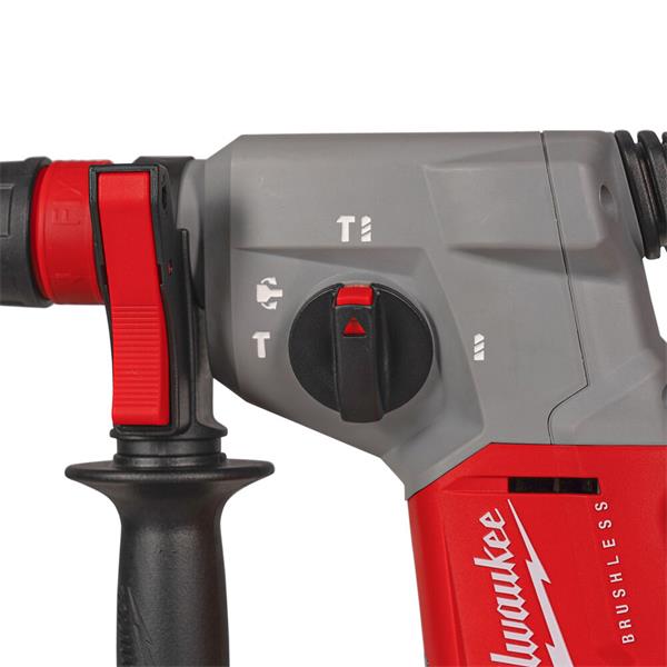 Close-up of Milwaukee M18BLHX-0 hammer drill mode selector and side handle with red and black accents