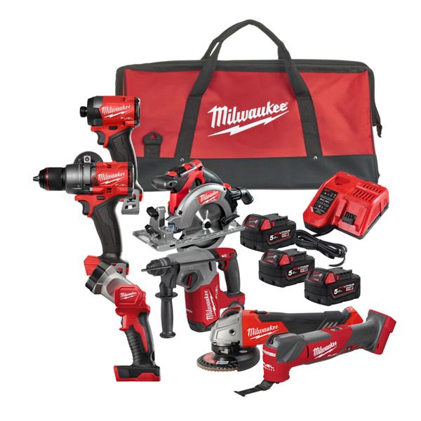 Milwaukee M18 7 Piece Power Pack with 3x 5.0Ah batteries, charger, and wheeled tool bag – Keans Claremorris