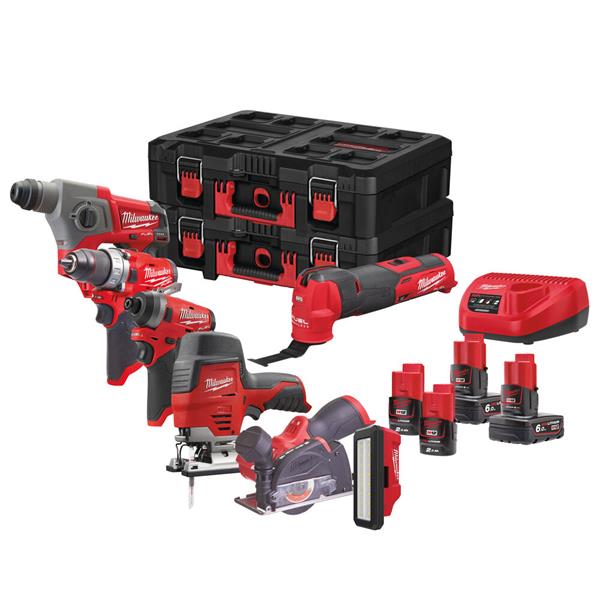 Milwaukee M12 FUEL POWER PACK GB2 with drill, impact driver, hammer, multi-tool, charger, batteries, and PACKOUT – Keans