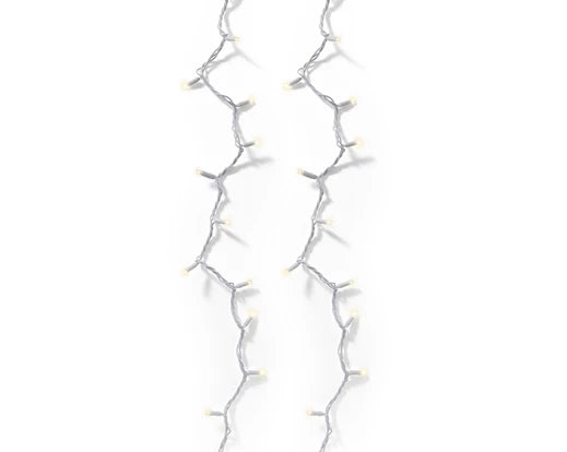 Two strands of LED Pro-Lights Basic String Lights in warm white with clear wiring on a white background.