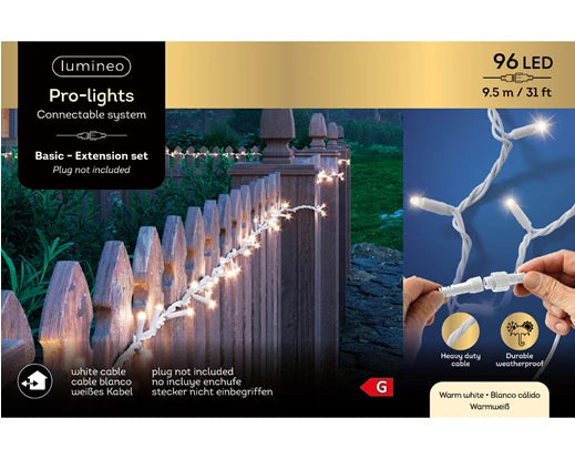 LED Pro-Lights Basic String Lights with 96 warm white LEDs on a 9.5m white cable, shown lit on a fence and close-up of