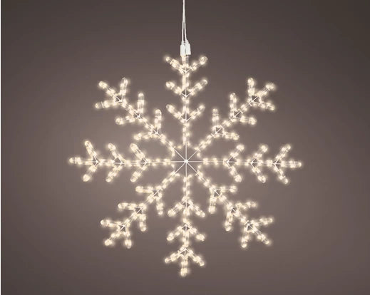 LED Pro-Lights 75cm snowflake with 352 warm white LEDs glowing steadily, hanging with white cable.
