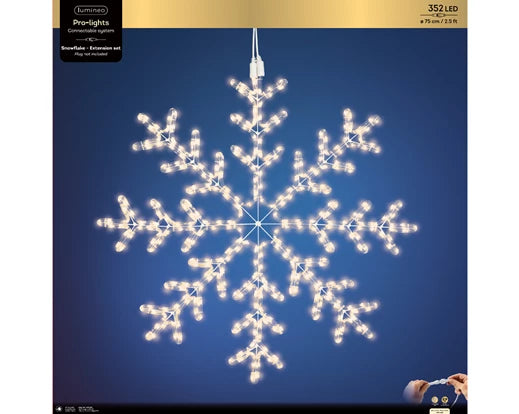 LED Pro-lights snowflake with 352 warm white LEDs, 75cm diameter, glowing against a blue background.