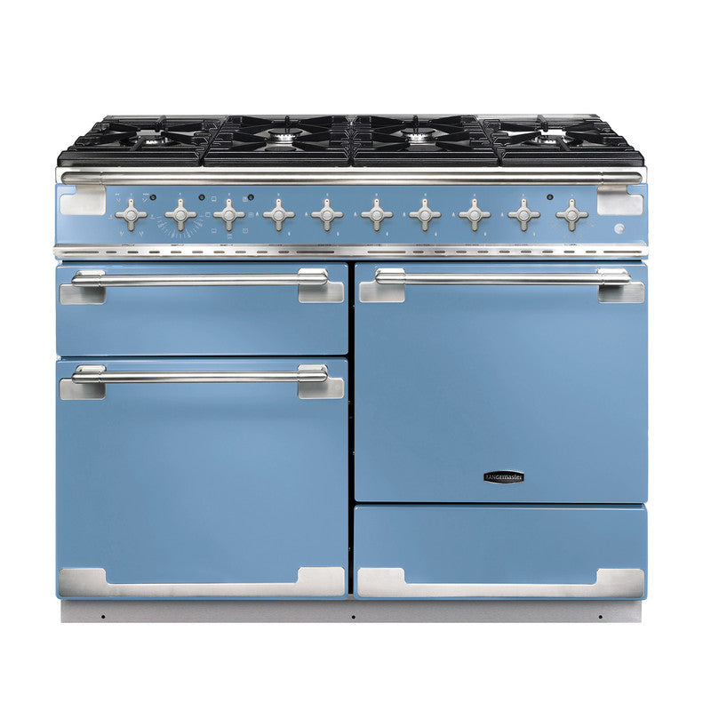 Rangemaster Elise 110 dual fuel range cooker in blue with multiple burners and three oven doors