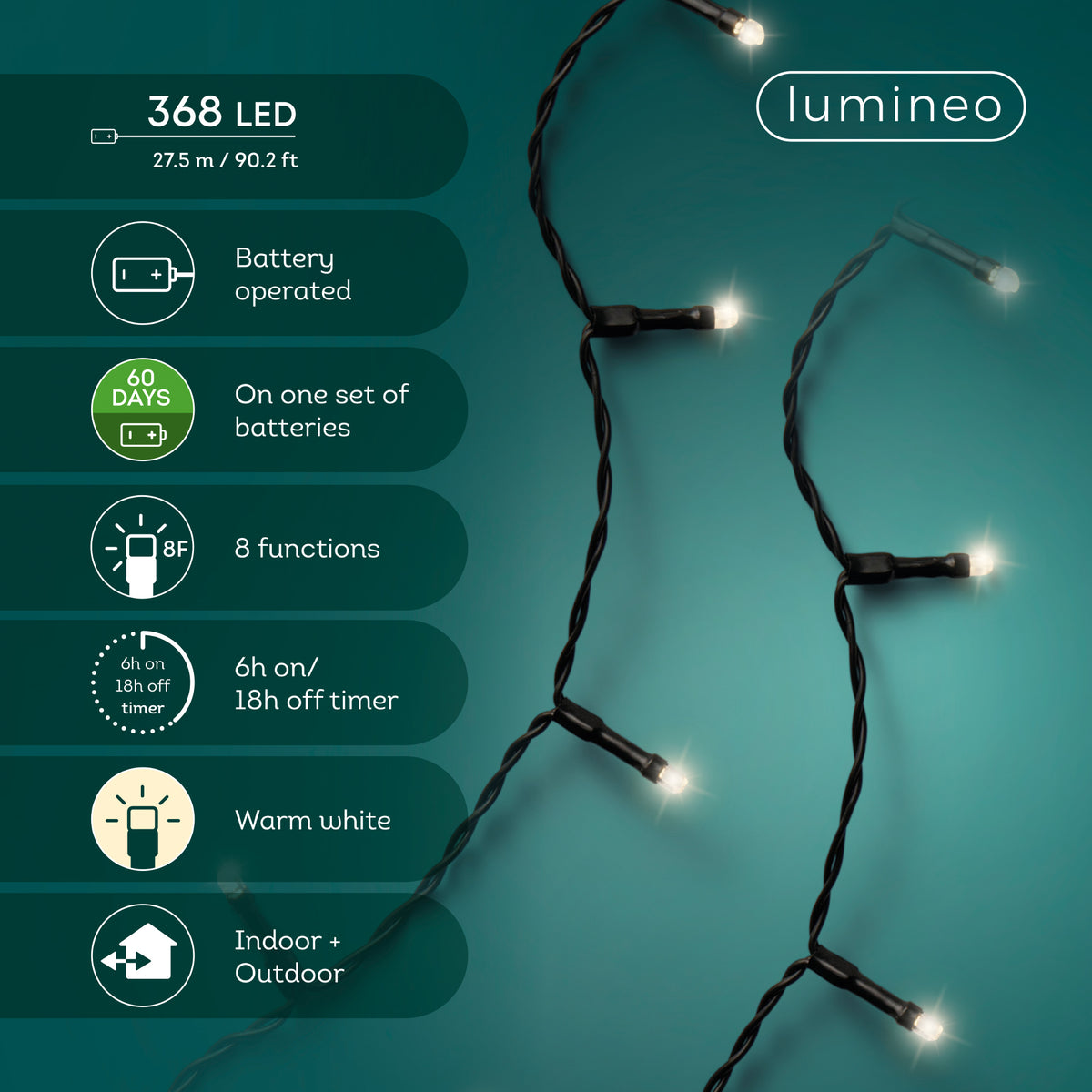 LED Durawise Basic Lights 8 Function Twinkle Effect BO Outdoor, Black Cable/Warm White L.2750cm 368l - Image 5
