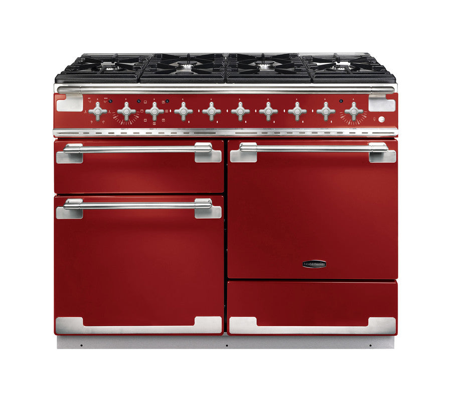 Rangemaster Elise 110 dual fuel range cooker in red with six burners and multiple oven compartments