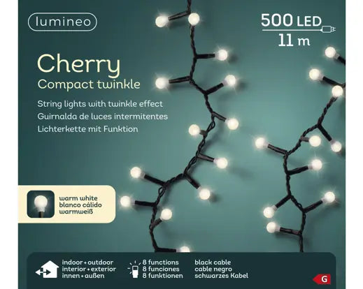 LED Cherry Lights  8 Function Twinkle Effect Outdoor, Black Cable/Warm White L.1100cm 500l - Image 5