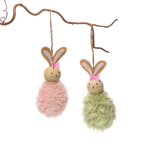 Bunny fluffy body with wooden head hanger, available in pink or green, sold separately – Keans Claremorris.