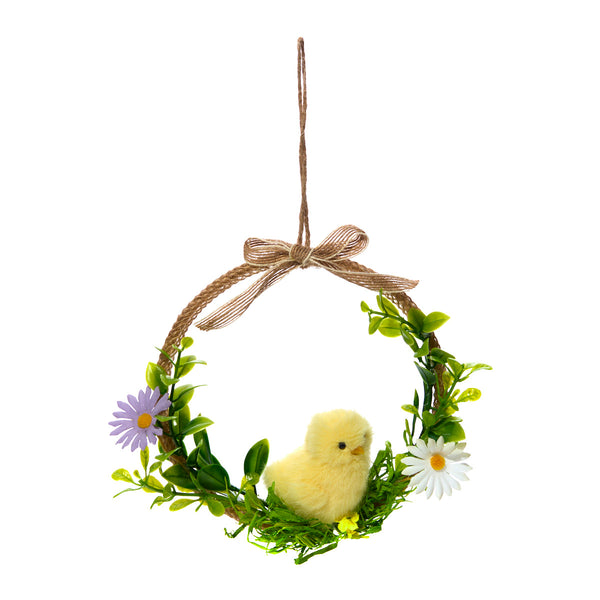 Hessian circle hanger with faux foliage and fluffy chick decoration – rustic spring decor by Keans Claremorris