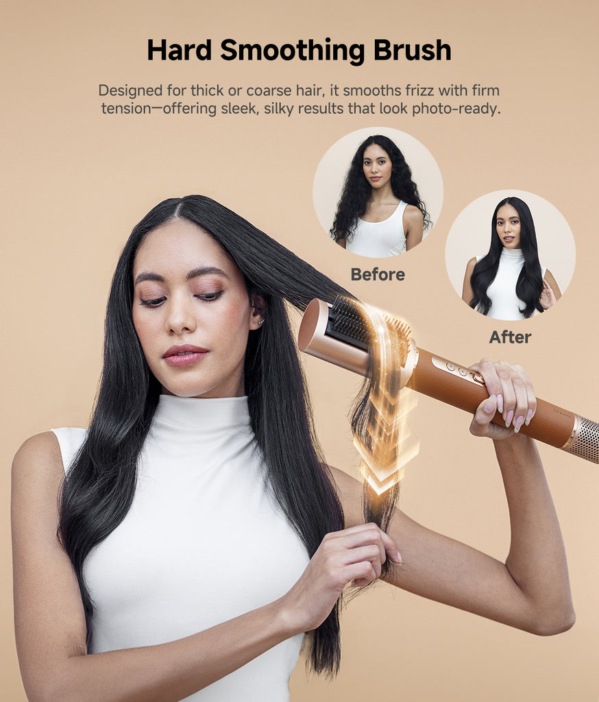 Woman using Dreame AirStyle Pro 7-in-1 Hair Styler hard smoothing brush on long black hair