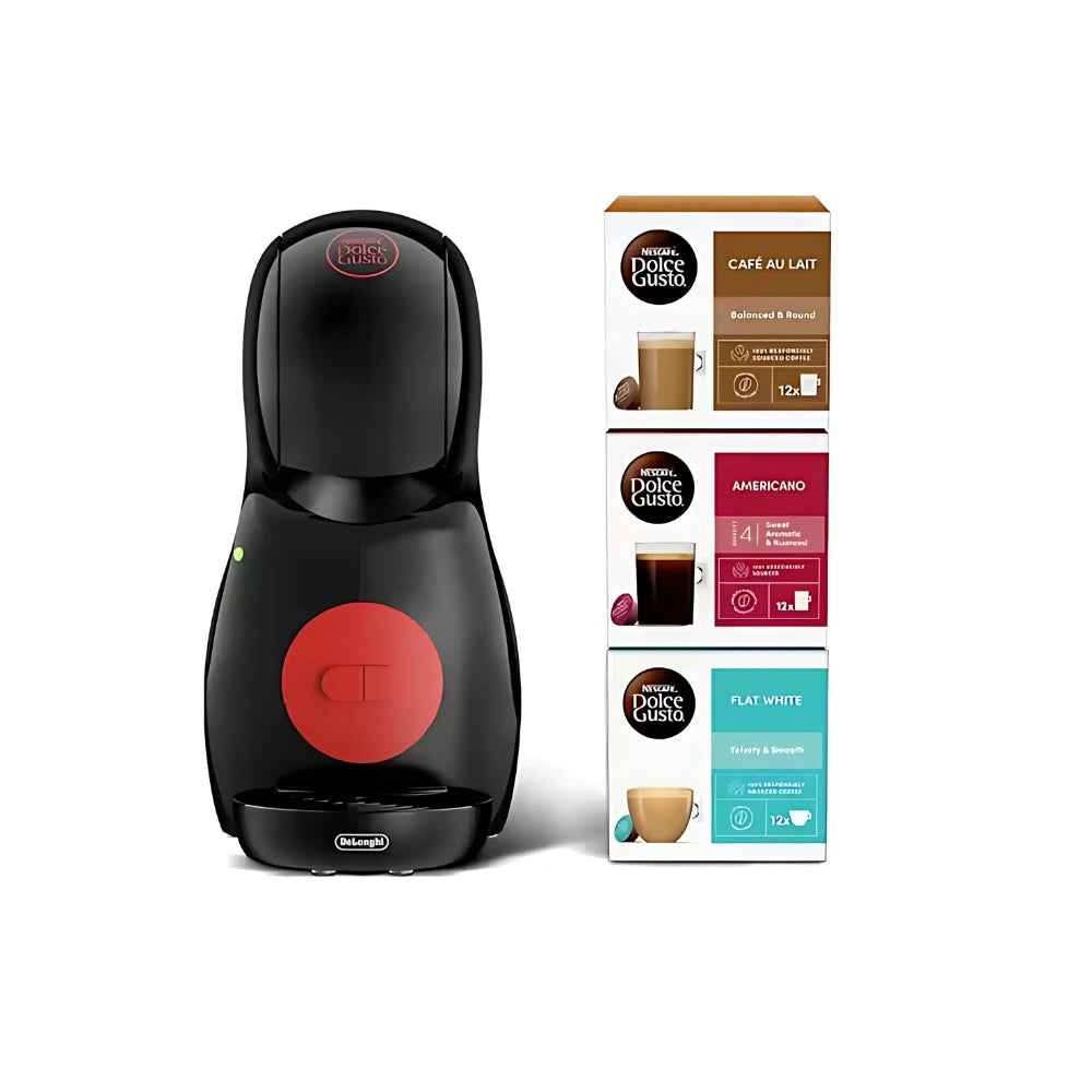 DeLonghi Piccolo XS black coffee machine with red button and three stacked Dolce Gusto coffee pod boxes.