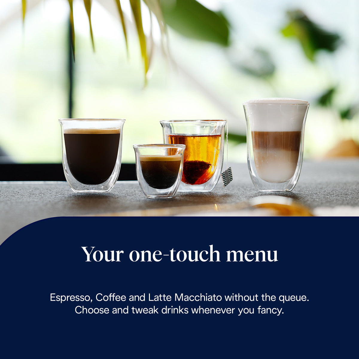 Four clear glass cups with different coffee drinks and tea on a table with blurred green background.