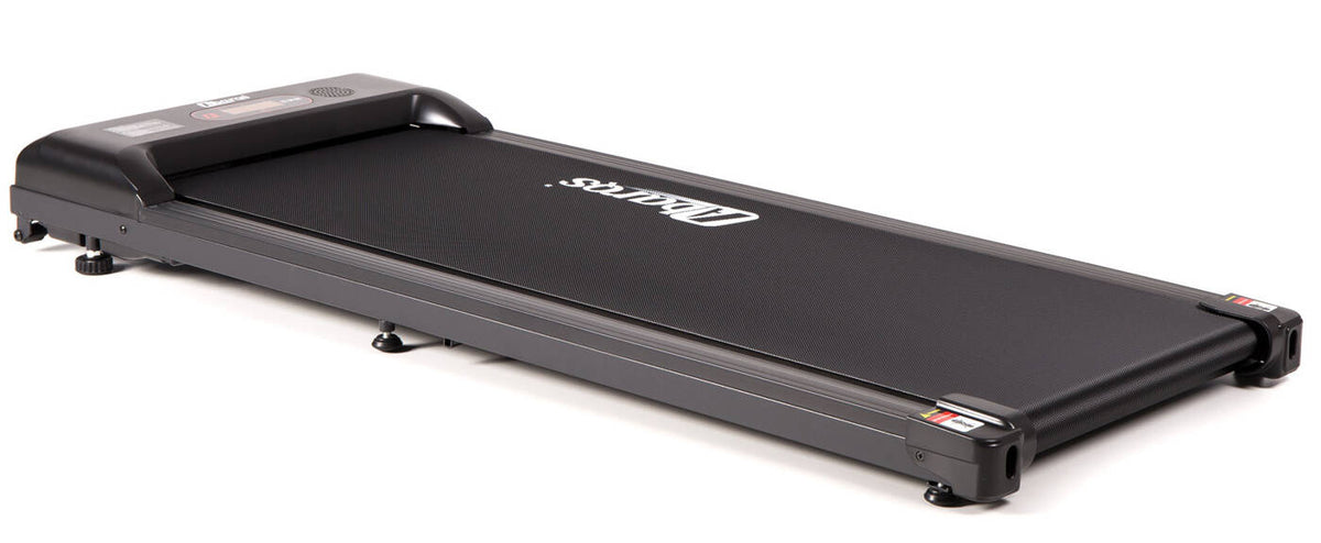 AbarQs fitness BZ-38.00 electric treadmill walking pad in black with control panel at the front end.