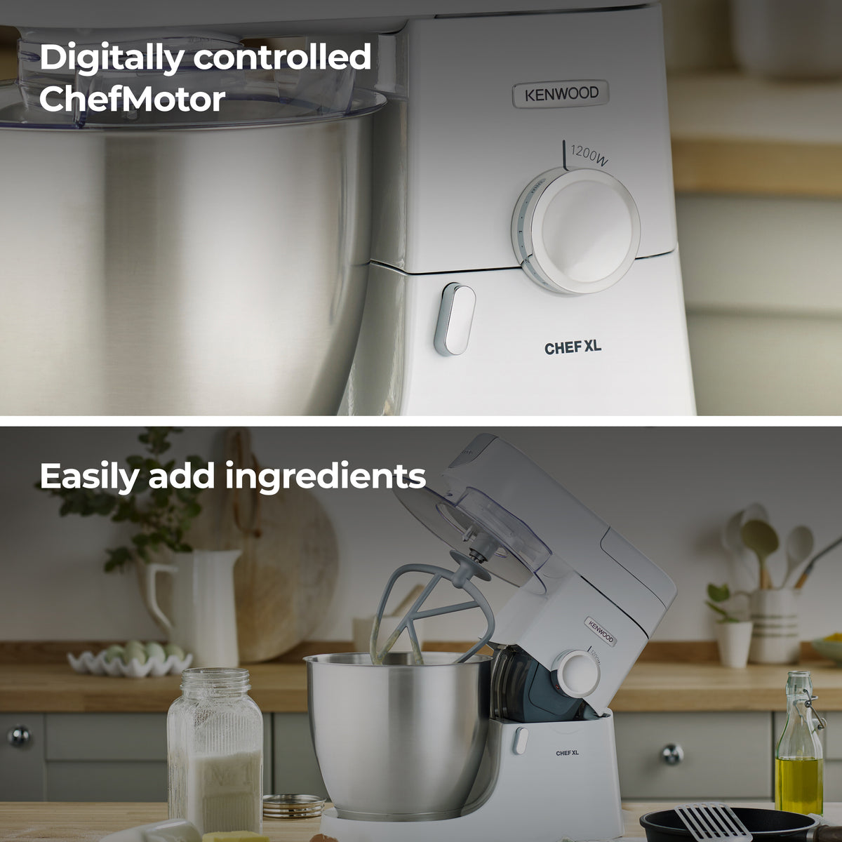 Kenwood Chef Mixer XL with stainless steel bowl and dough hook attachment in a kitchen setting