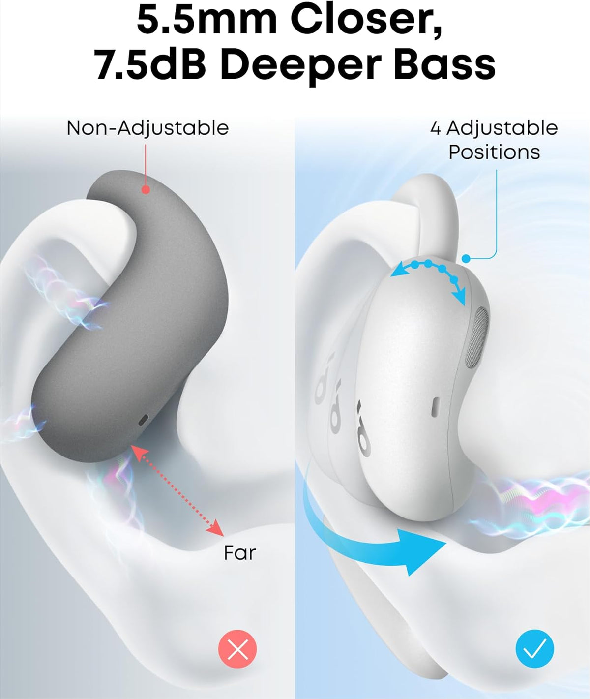 Comparison of non-adjustable gray earbud and adjustable white Soundcore AeroFit 2 earbud in ear positions