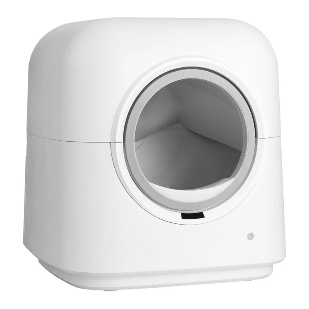 White Wiggle & Wander self-cleaning cat litter box with circular entry and smooth rounded edges.