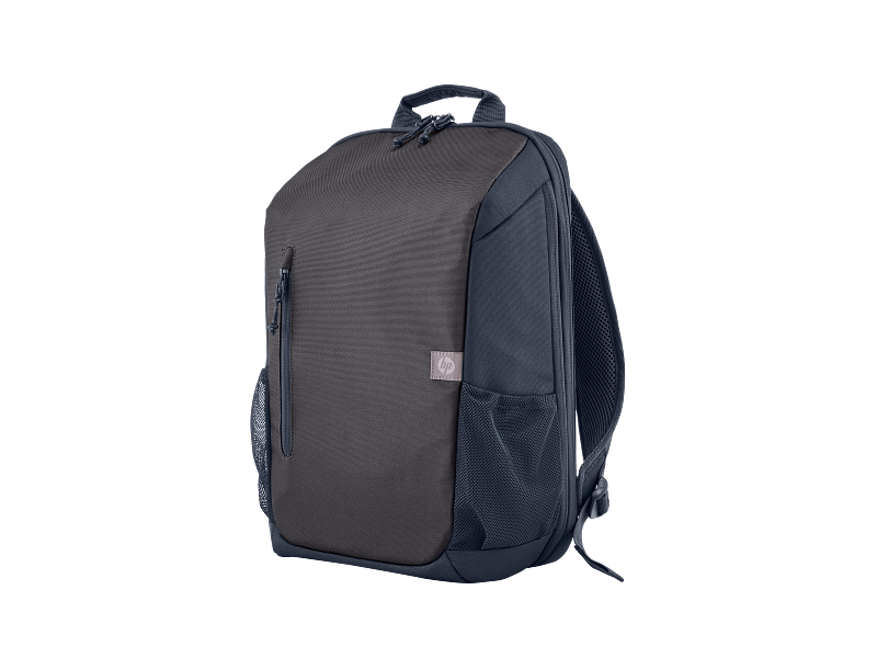 HP 18L 15.6" laptop backpack in black with front zip pocket and mesh side pockets, angled view.