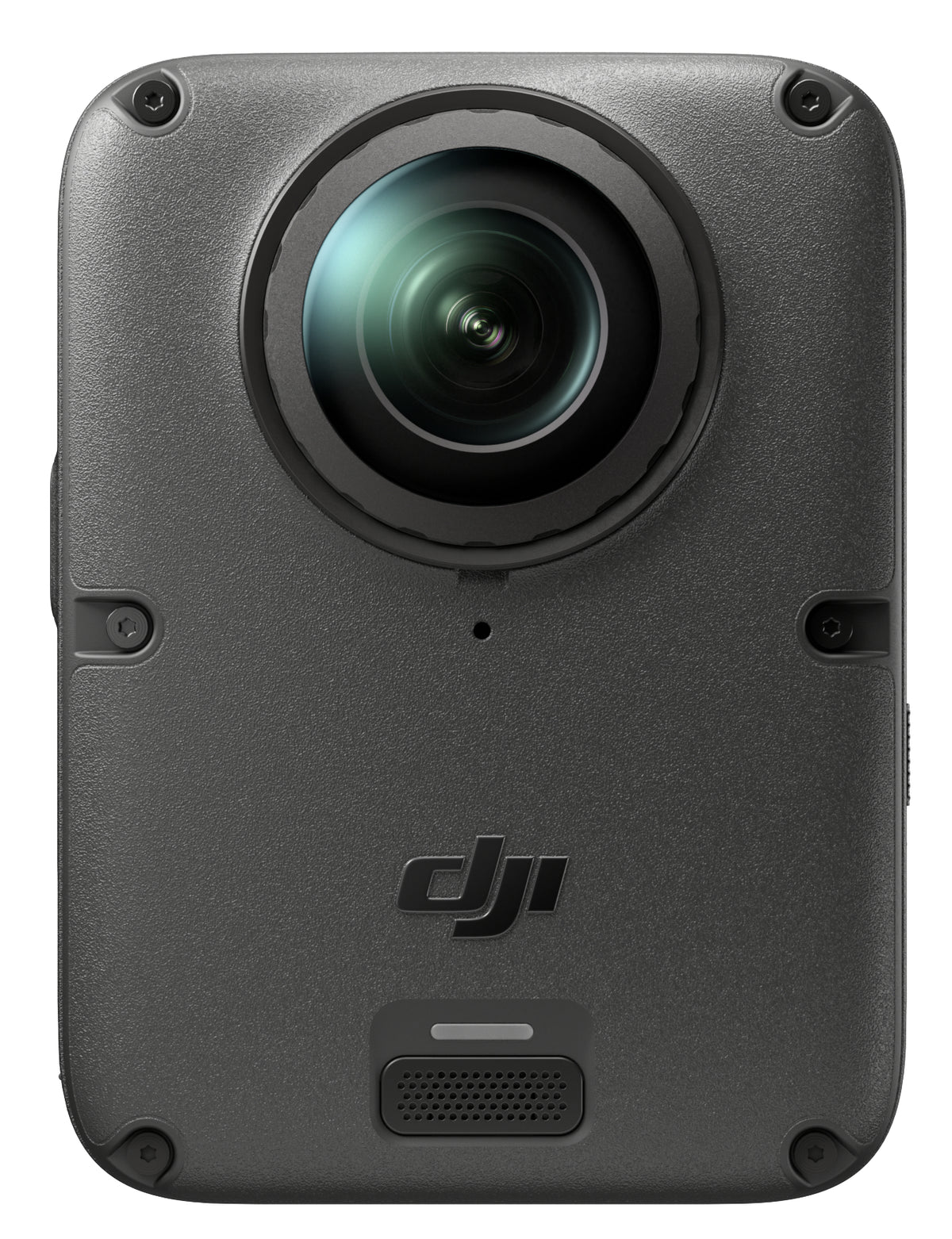 Front close-up of the DJI Osmo 360 II camera lens and textured body with logo and speaker grille visible