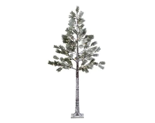 Tall LED snowy pine outdoor tree with sparse branches and 96 warm white lights on a metal stand.