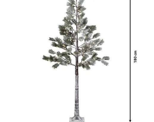 Slim LED snowy pine outdoor tree 180cm tall with 96 warm white lights on a white background.