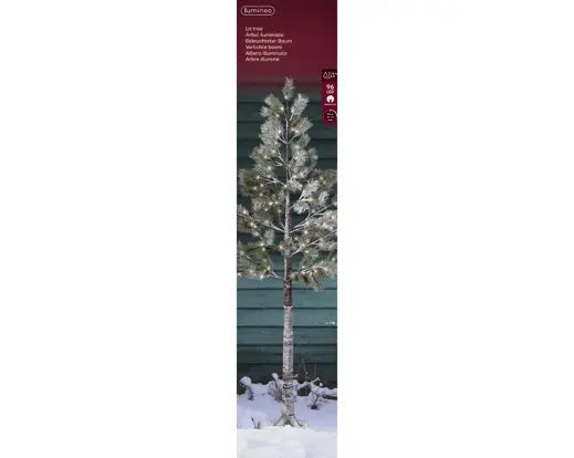 Slim LED snowy pine outdoor tree with 96 warm white lights, standing 180cm tall on snow.